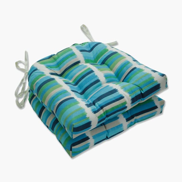 Pillow Perfect Striped 17.5 x 17 Outdoor Dining Chair Cushion in Blue/Green/Off-White (Set of 2)