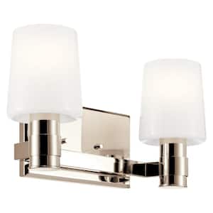 Adani 14.5 in. 2-Light Polished Nickel Soft Modern Bathroom Vanity Light with Opal Glass
