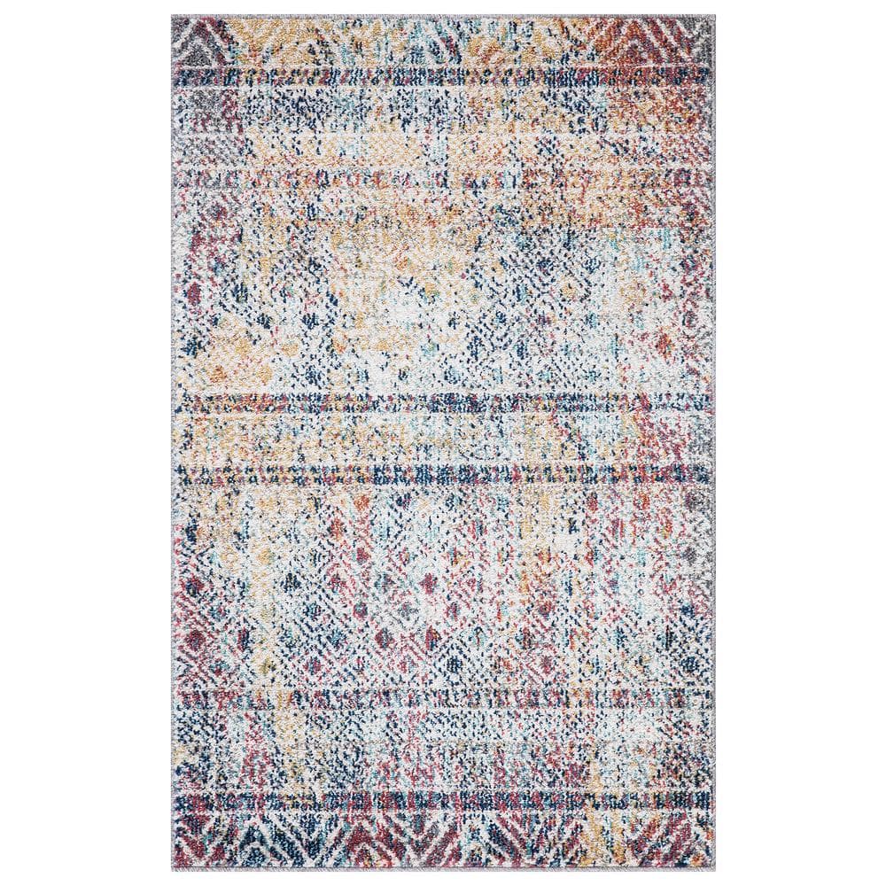 Vintage Blue and Multicolor Geometric Synthetic Area Rug 5' x 7'