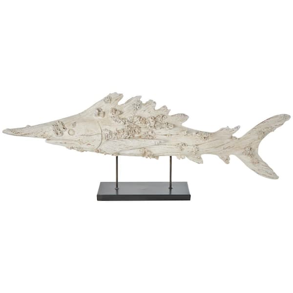 Litton Lane Cream Polystone Textured Fish Sculpture with Brown Distressing and Black Metal Stand