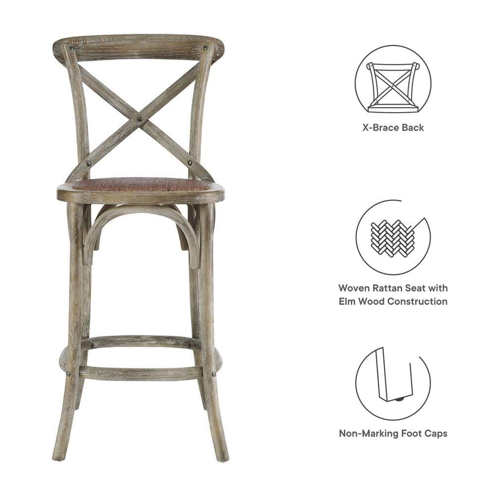 Farmhouse Charm Gray Elm Wood Counter Stool with Woven Rattan Seat