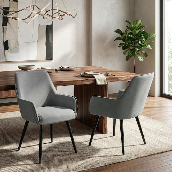 Amir Grey Dining Chair with Black Metal Legs and Square Arms (Set of 2)