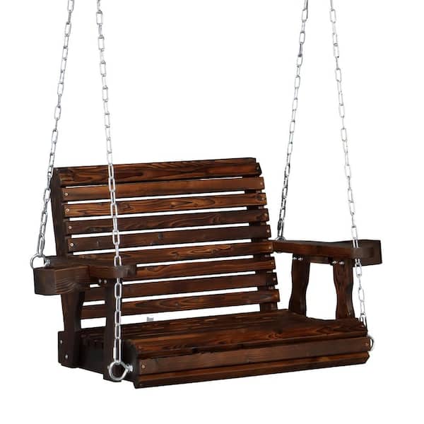 VINGLI 2.7 ft. 1-Person Rustic Pine Wood Porch Swing with Reinforced Seat Depth, Backrest, Extra Cup Holders, Support 440 lbs.