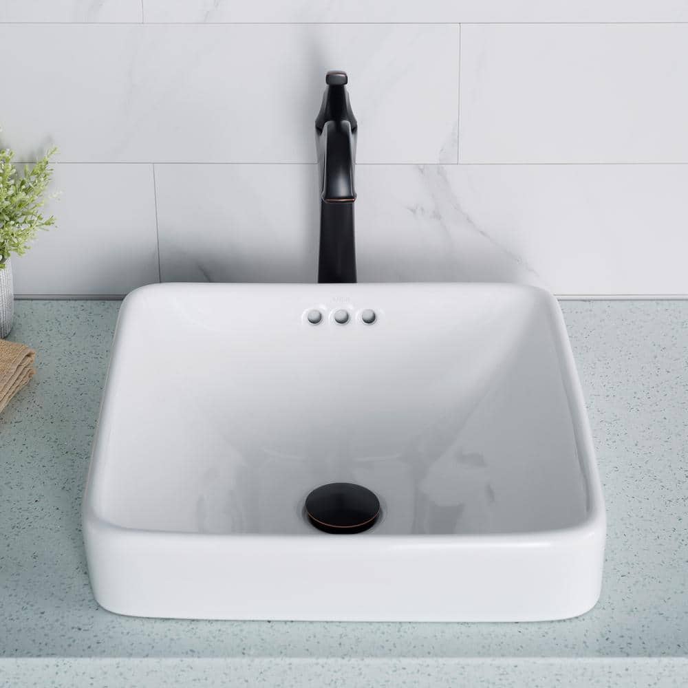 Elavo White Ceramic Square Semi-Recessed Bathroom Sink with Overflow