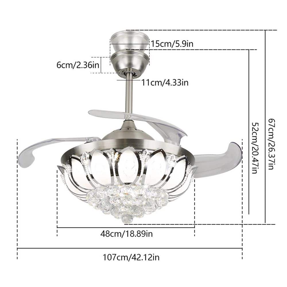 42" Silver Modern LED Crystal Chandelier Ceiling Fan with Remote