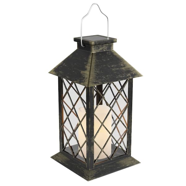 Pure Garden 13.25 in. Antique Bronze Outdoor Solar Powered Lantern Lamp with LED Pillar Candle