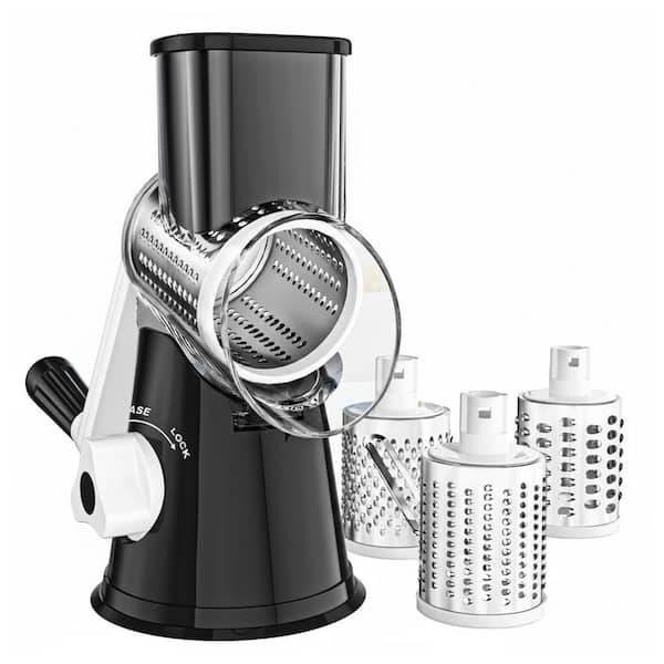 Black Rotary Cheese Grater with 3 Blades for Shredding and Slicing Cheese, Vegetables, Nuts, Non-slip Base