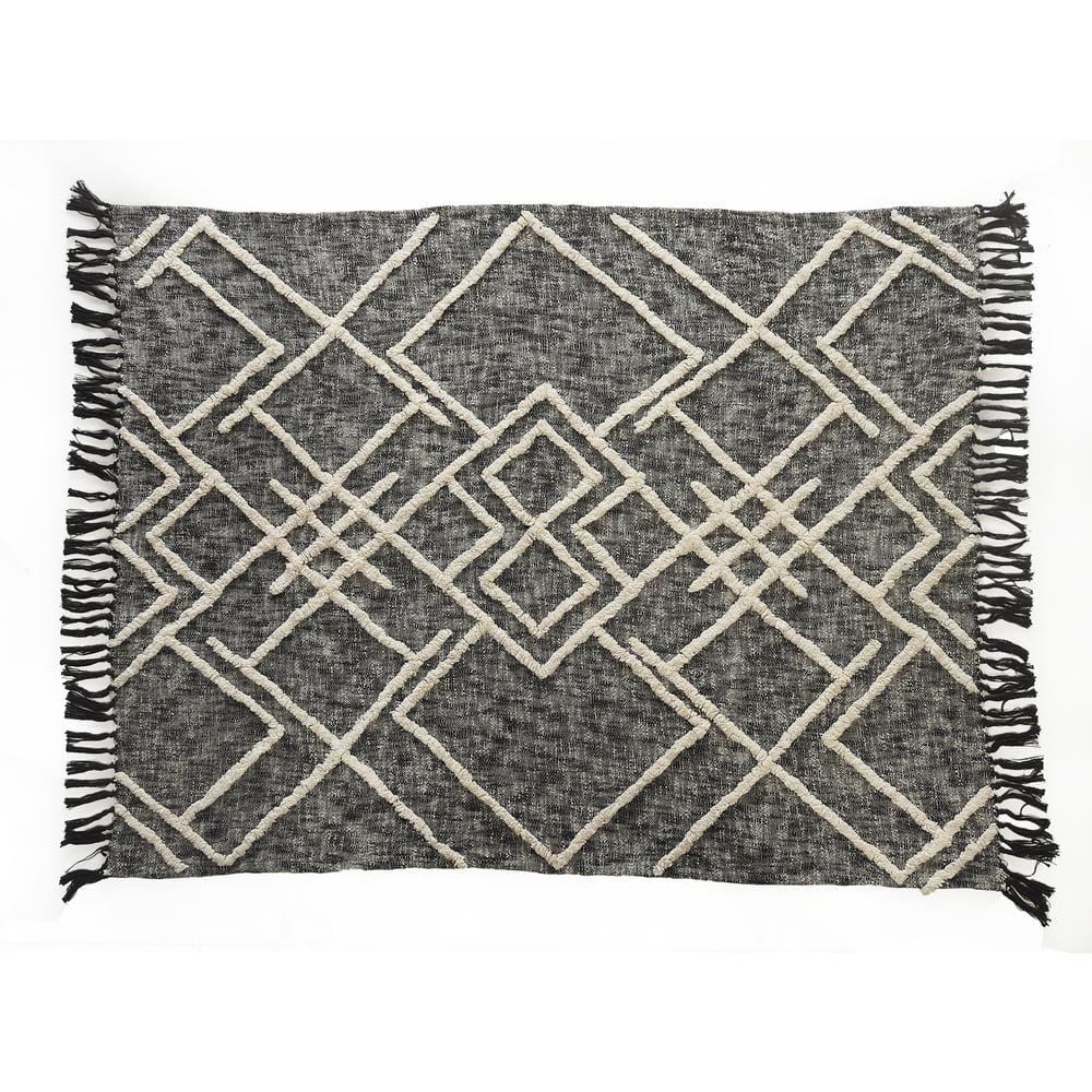 Handwoven Black and White Cotton Diamond Pattern Throw Blanket