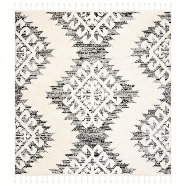 Moroccan Tassel Shag 11 ft. x 11 ft. Square Ivory/Gray Geometric Zig-Zag High-Low Area Rug