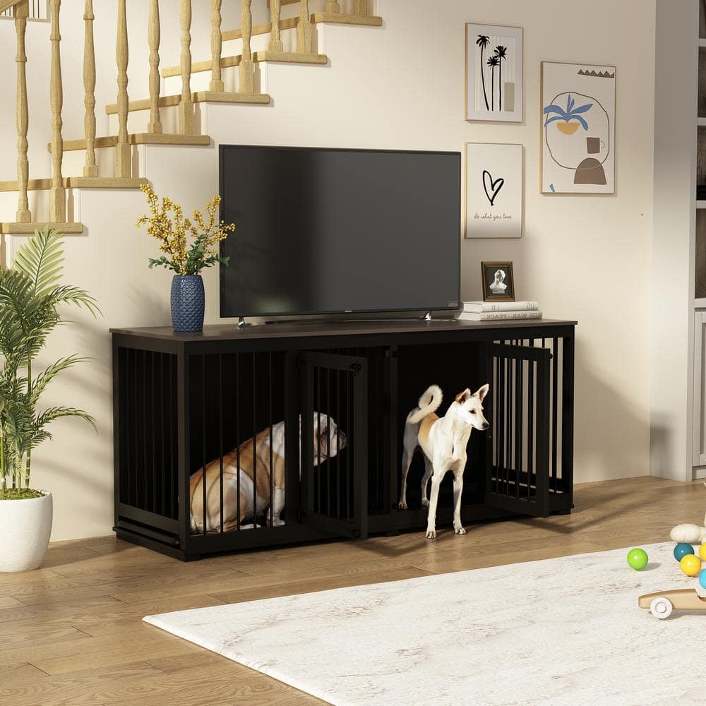 FUFU&GAGA Black Large Dog Crate Furniture for 2 Dogs, 71 in. Heavy-Duty Wooden Dog Crate w/Trays and Divider for Large Medium Dog