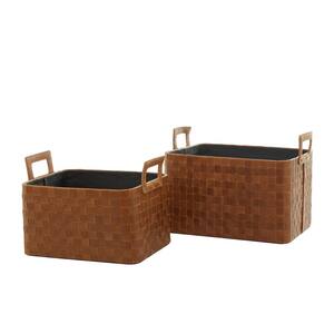 Brown Leather Modern 14 in. and 12 in. Storage Basket (Set of 2)