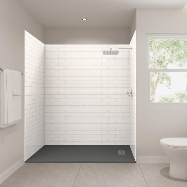 CASTICO 72 in. L x 36 in. W x 84 in. H Solid Composite Stone Shower Kit with Subway Walls and L/R Graphite Sand Shower Pan Base