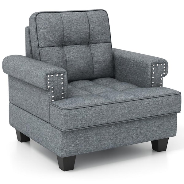 Gymax Grey Modern Accent Armchair with Thick Pillow and Cushion Studded Chair