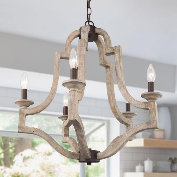 Uolfin Modern Farmhouse Candlestick Retro Wood Island Chandelier, 5-Light Rustic Black Lantern Cage Chandelier Pendant Lights