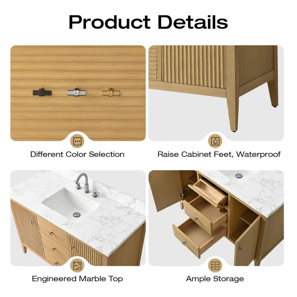 48'' Natural Oak Single Bathroom Vanity with Matte Black Handles