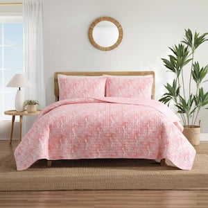 Distressed Water Leaves 3-Piece Bright Coral Full/Queen Cotton Quilt Set