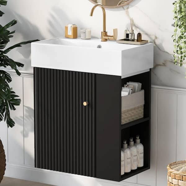 Unbranded 21.6in.W x 12.2in.D x 26.4 in. H Right Side Storage Single Sink Floating Black Bath Vanity, with White Ceramic Top Basin