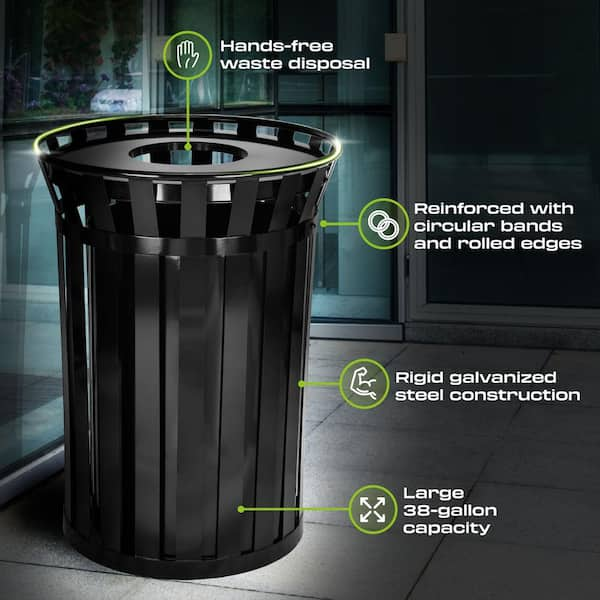 38 gal. Black Metal Slatted Outdoor Commercial Trash Can Receptacle with Liner