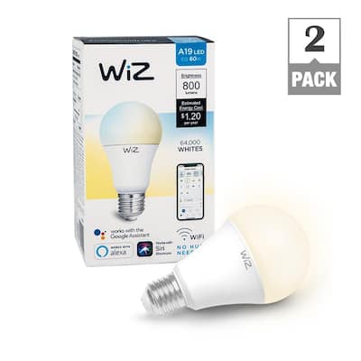 60W Equivalent A19 Tunable White Wi-Fi Connected Smart LED Light Bulb, 2700K (2-Pack)