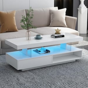 White 51.20 in. Rectangle Particle Board Coffee Table with LED and 2 Drawers