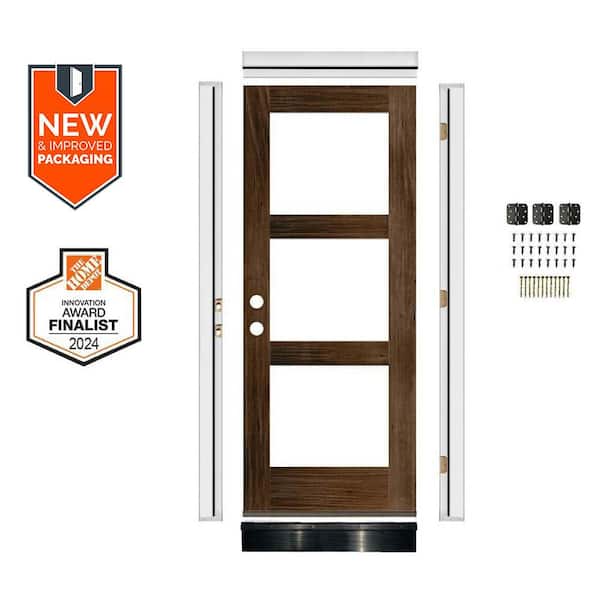 Krosswood Doors DIY 32 in. x 80 in.Hemlock Right-Hand 3-Lite Clear Glass Provincial Stain Wood Front Door Kit w/ Quick Assemble Jamb