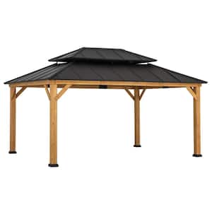 12 ft. x 16 ft. Outdoor Patio Steel Hardtop Gazebo, Cedar Framed Wooden Gazebo with 2-Tier Metal Roof, Dark Brown