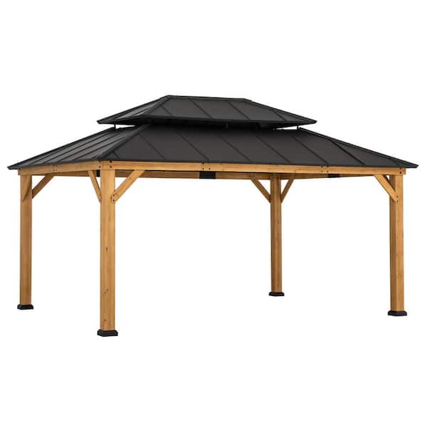 Sunjoy 12 ft. x 16 ft. Outdoor Patio Steel Hardtop Gazebo, Cedar Framed Wooden Gazebo with 2-Tier Metal Roof, Dark Brown