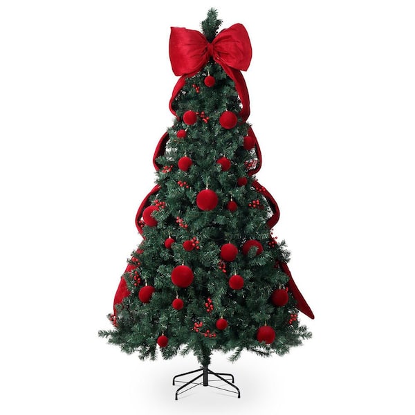 7.5 ft. Pre-Lit LED Artificial Christmas Tree with Giant Bowknot and Red Ball Ornaments