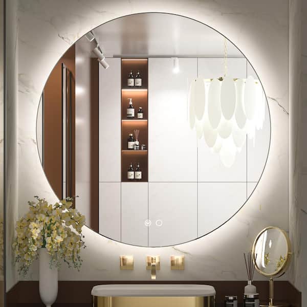 KeonJinn 36 in. W x 36 in. H Round Frameless Dimmable Super Bright LED Anti-Fog Wall Mount Bathroom Vanity Mirror with Backlit