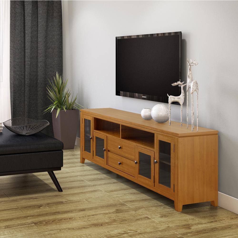 Transitional Solid Pine TV Stand in Light Golden Brown with Storage