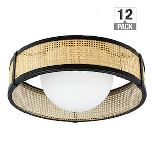 13 in. Modern Farmhouse Rattan LED Flush Mount 1100 Lumens Adjustable CCT (12-Pack)