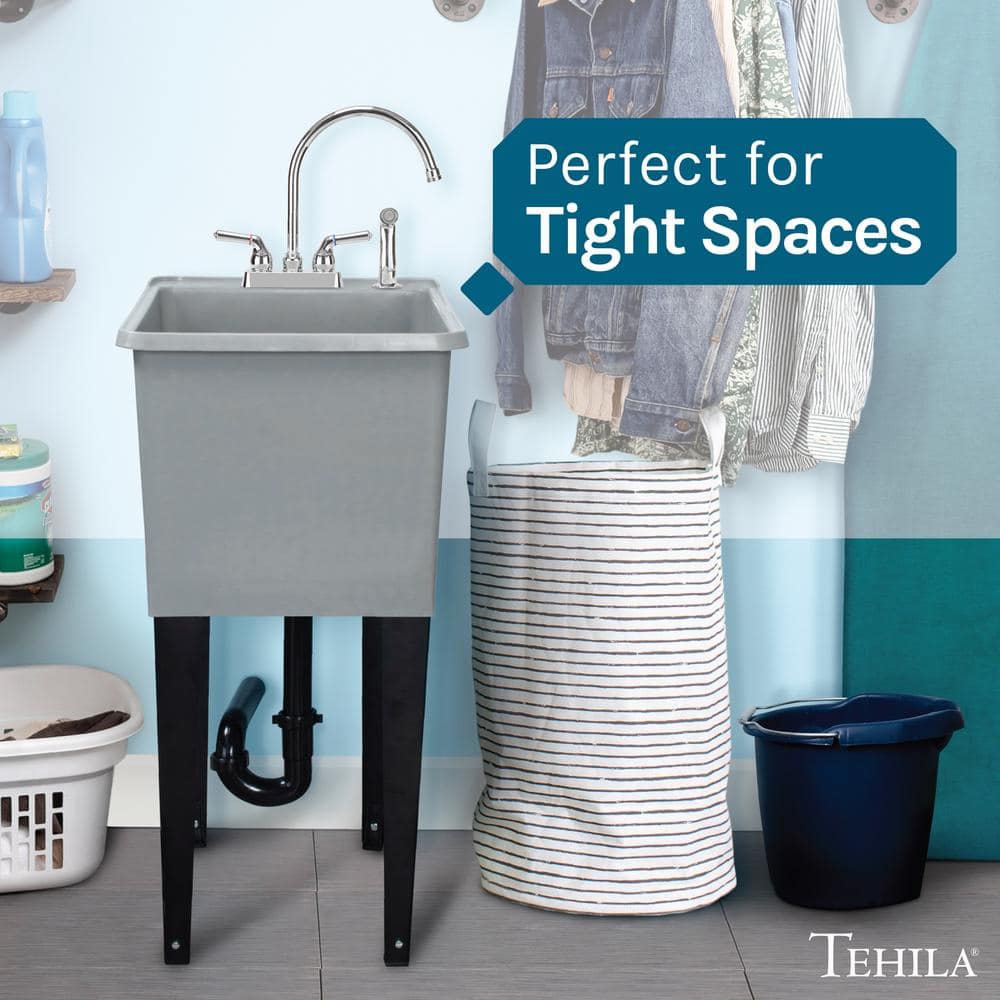 Gray Thermoplastic Freestanding Utility Sink with Chrome Faucet and Sprayer