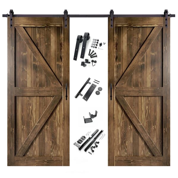 HOMACER 60 in. x 84 in. K-Frame Walnut Double Pine Wood Interior Sliding Barn Door with Hardware Kit, Non-Bypass