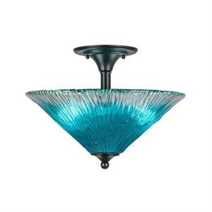 16 in. 2-Light Matte Black Semi-Flush Mount with Teal Crystal Glass