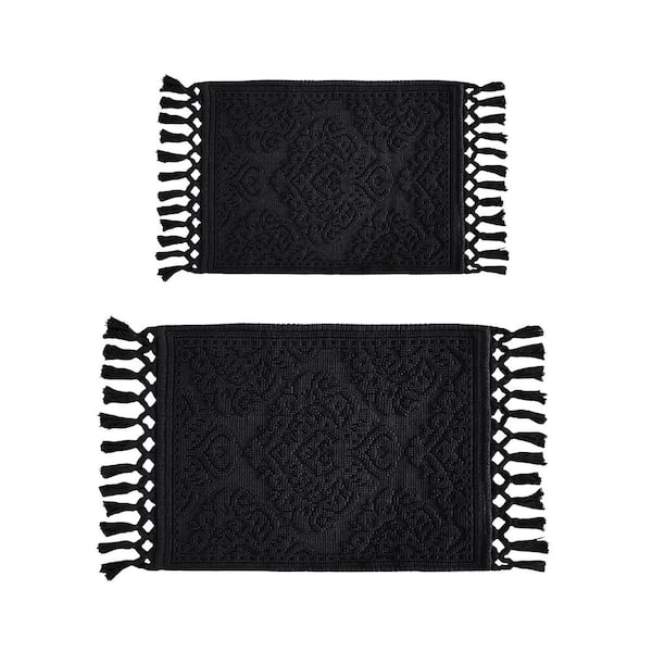 Ricardo Cotton Fringe 17 in. x 31 in. /21 in. x 41 in. Black 2-Piece Bath Rug Set in Dark Grey