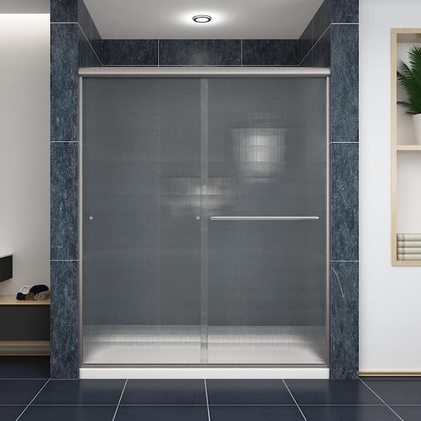 TOOLKISS 60 in. W x 72 in. H Sliding Semi-Frameless Shower Door in Brushed Nickel with Frosted Glass