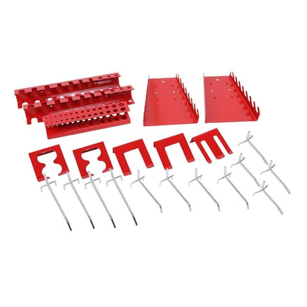 22-Piece Steel Pegboard Hook Set, Heavy Duty Tool Holders with Wrench Drill Screwdriver Racks for Garage Workbench, Red