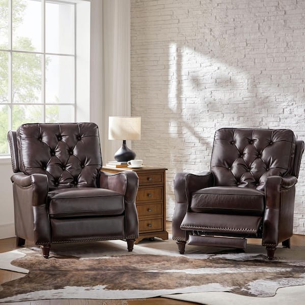 JAYDEN CREATION Louisa Brown 33.5 in. W Genuine Leather Manual Recliner with Solid Wood Legs Set of 2