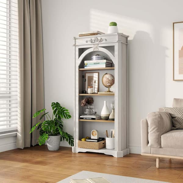 Unbranded 65 in. Tall Antique White MDF Mid-Century Modern Bookcase 4-Tiers Bookshelf Display Cabinet for Home Office, Living Room