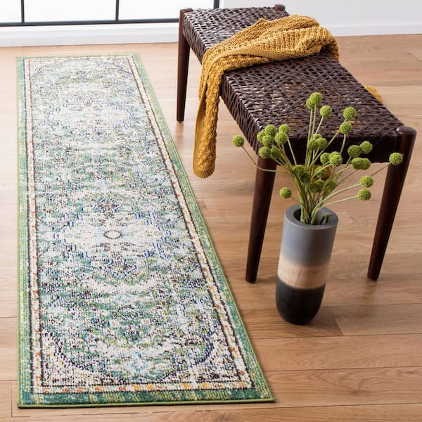Madison 2 ft. x 20 ft. Green/Turquoise Distressed Ornate Runner Rug