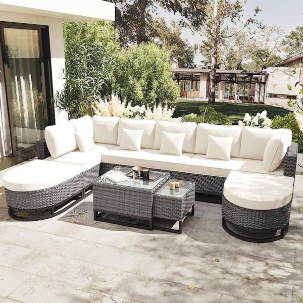 7-Piece Wicker and Metal Outdoor Conversation Set with 4 Pillows and Beige Cushions, a Coffee Table, Productive Cover