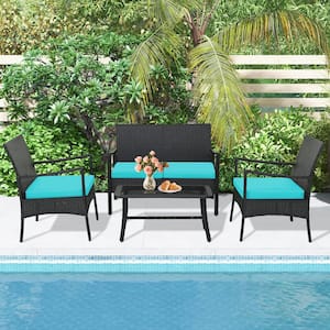8-Pices Wicker Patio Conversation Set Rattan PE Furniture with Turquoise CushionSofa Chair and Table