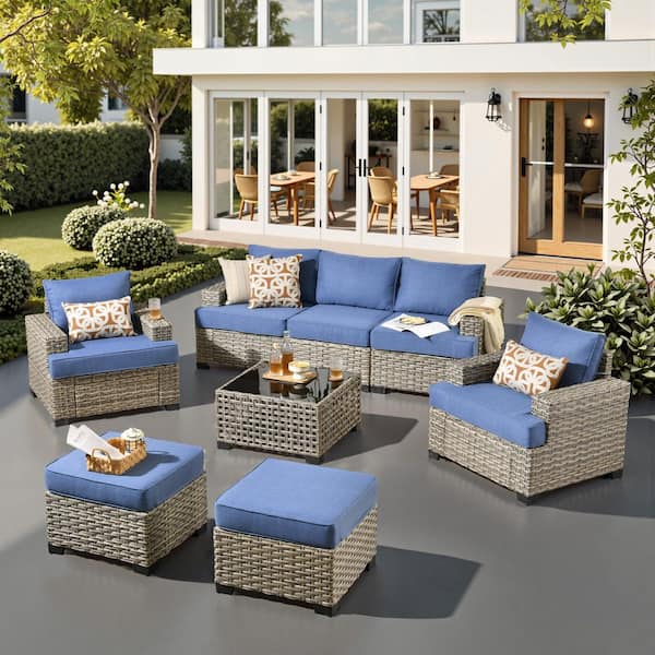 Caodoc Silvae Gray 8-Piece Wicker Outdoor Sectional Patio Conversation Sets with Single Chair & Denim Blue Cushion and Ottoman