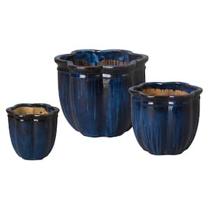 10 in., 14 in.,16 in. H Deep Blue Ceramic Scalloped Planters S/3