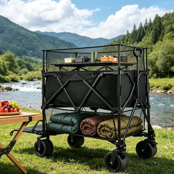 SEEUTEK 20 cu. ft. Black Metal Garden Cart Double Decker Wagon