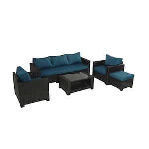 7-Piece Dark Brown Wicker Patio Conversation Set with Blue Cushions