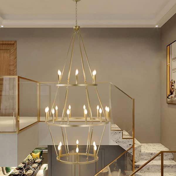 Modern 24-Light Gold 3-Tier Wagon Wheel Farmhouse Industrial Chandelier Rustic Candle Pendant Light
