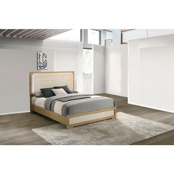 Alissa Natural-White Color Wood Frame Queen Panel Bed with LED Light