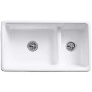 Iron Tones Smart Divide Drop-In Undermount Cast Iron 33 in. Double Bowl Kitchen Sink in White