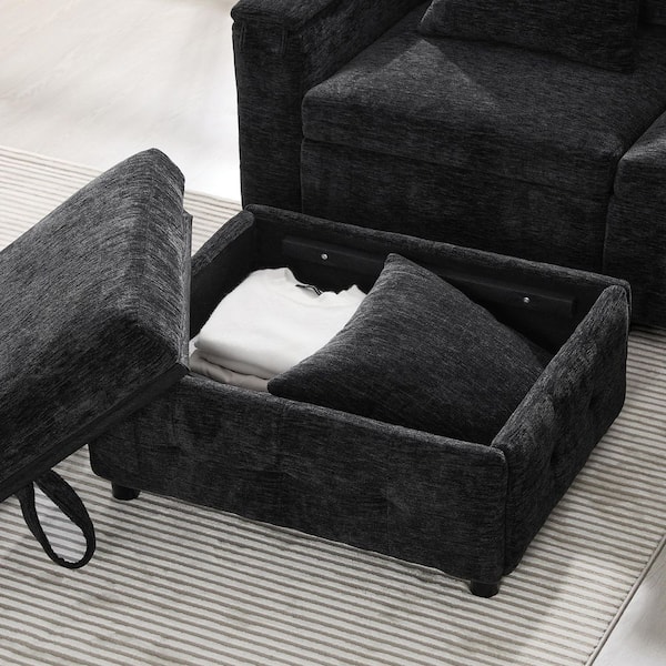 Diana 117 in. Chenille L Shaped Sectional Sofa in. Black with Table Panel, Reading Lamp, Charging Ports, Ottoman